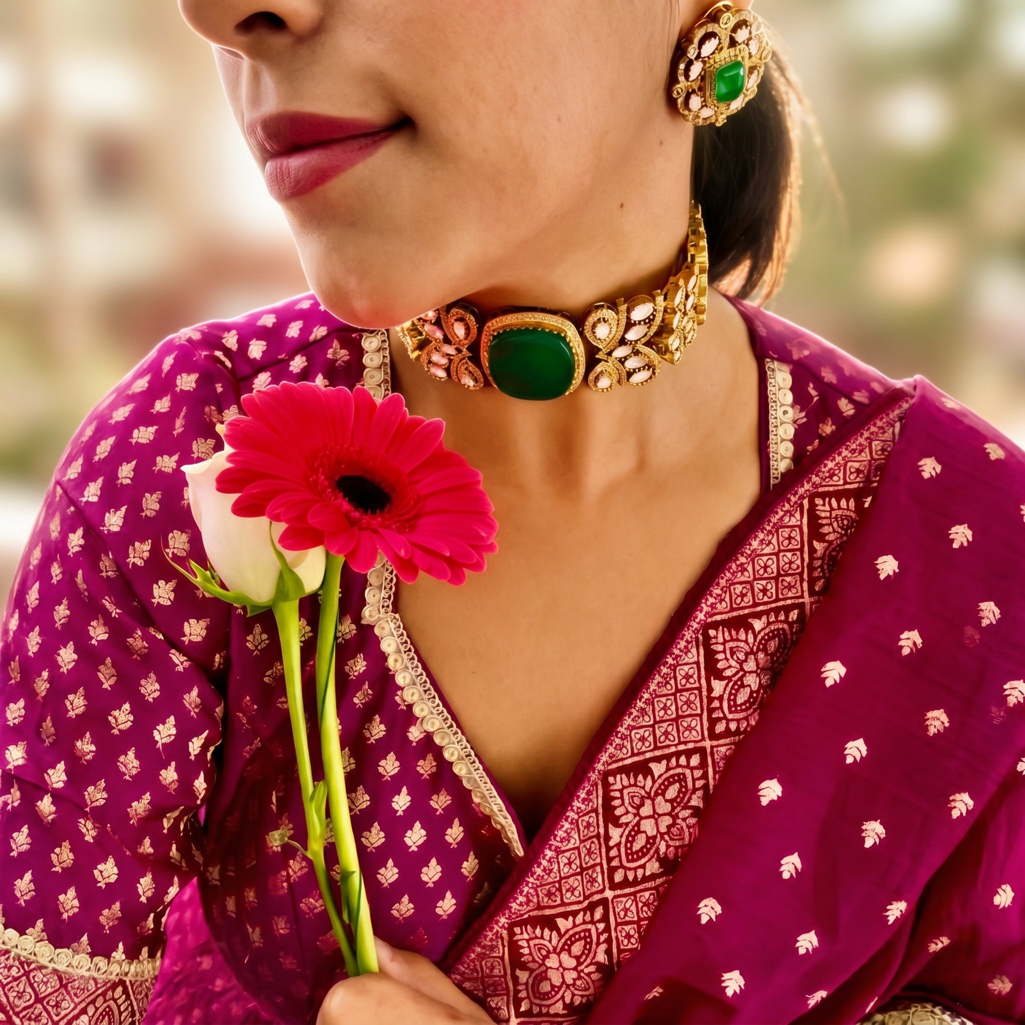 Woman in traditional attire holding a pink flower with blurred background