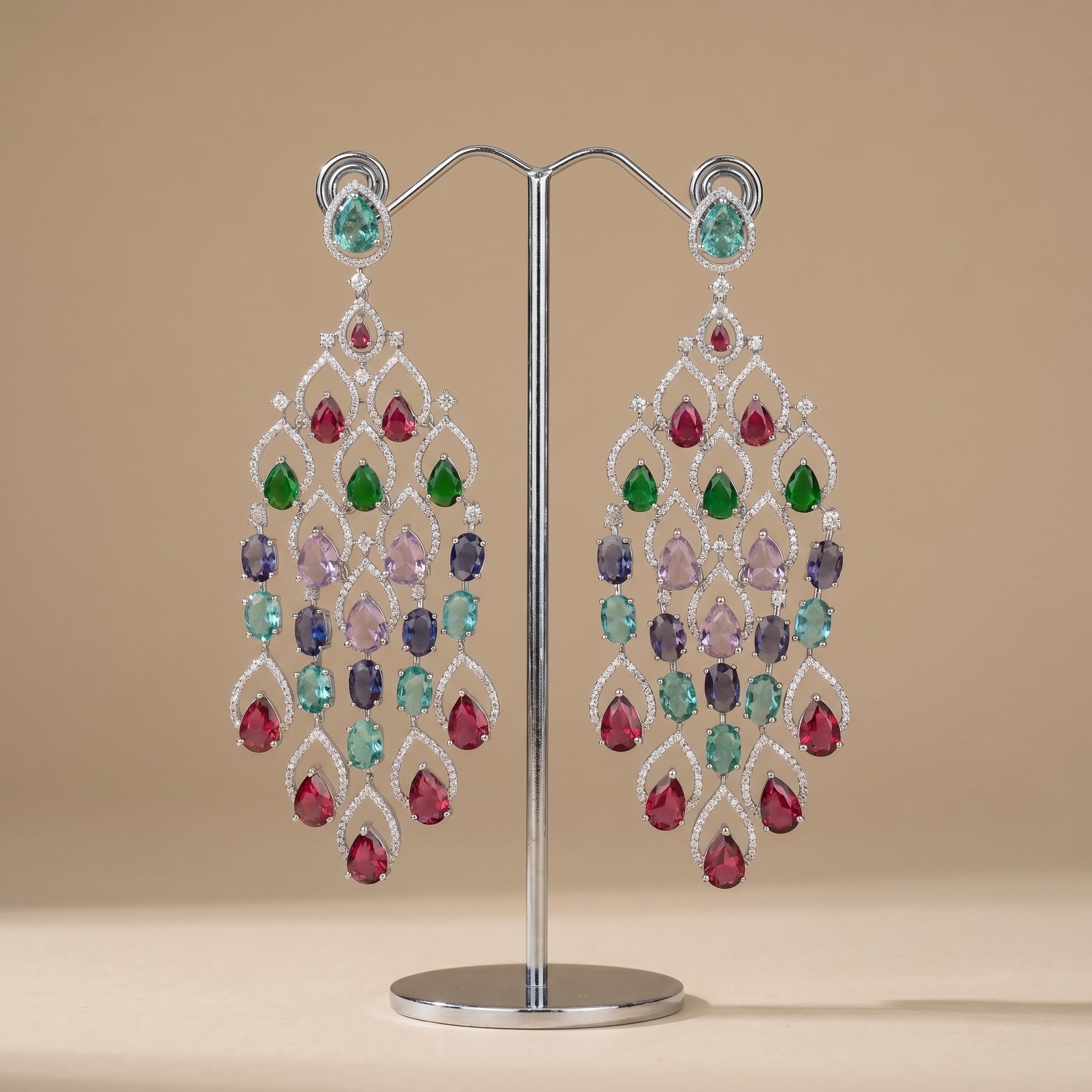 Multi-colored stone chandelier earrings.